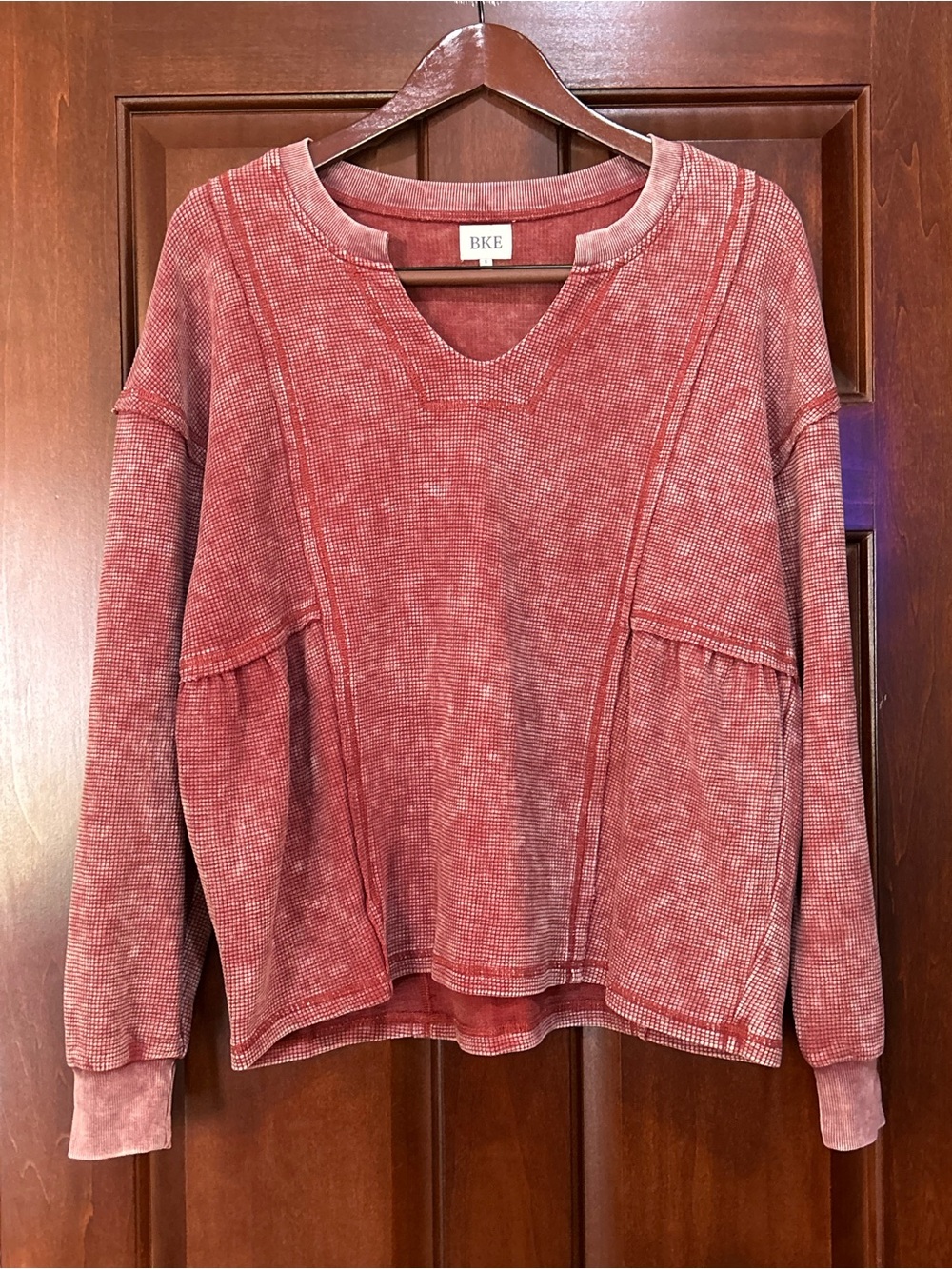 BKE Womens Small Waffle Knit Thermal Top Rust Red Oversized Boho